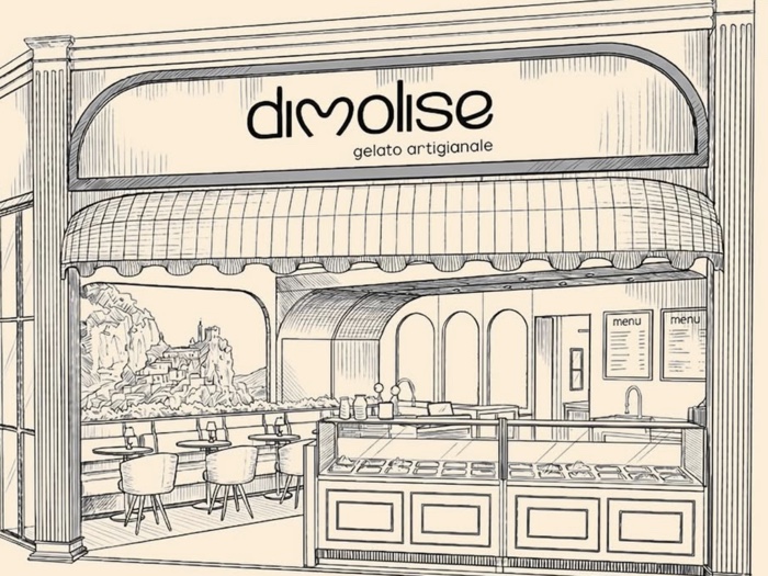Ilustração da fachada da gelateria Dimolise, com arcos, toldo listrado e o vilarejo do Molise ao fundo